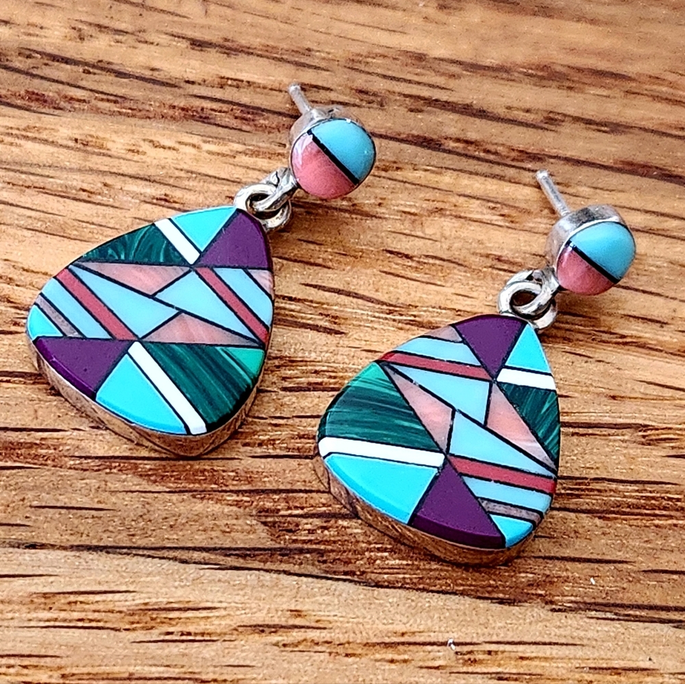 VINTAGE! Native American Multi-Stone Turquoise Coral Inlay Dangle Earrings!